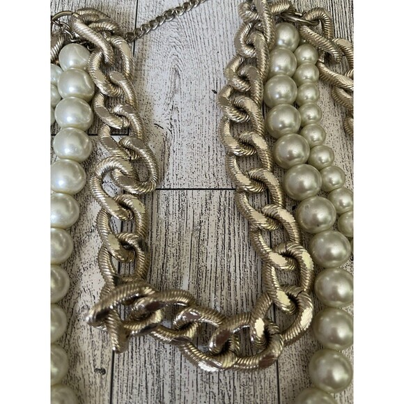 Chunky Chain Faux Pearl Necklace Fashion Jewelry Multi Layered Gold Tone - Picture 5 of 6